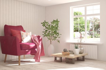 Idea of white room with sofa and summer landscape in window. Scandinavian interior design. 3D illustration