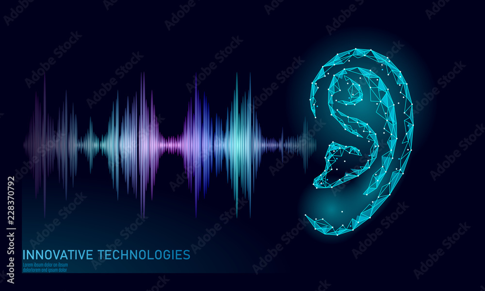 Wall mural sound recognition voice assistant low poly. wireframe mesh polygonal 3d render ear sound radio wave 