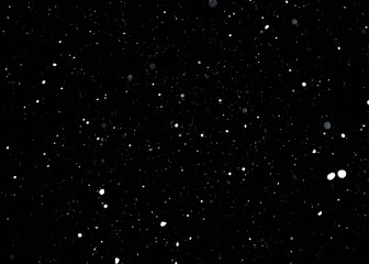 Snowstorm texture. Bokeh lights on black background, shot of flying snowflakes in the air