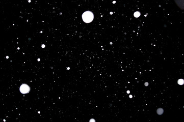 Snowstorm texture. Bokeh lights on black background, shot of flying snowflakes in the air