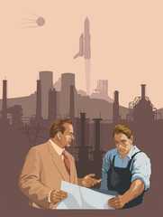 The foreman and worker discuss the construction plan against the background of the industrial landscape. Scientific progress. Vector illustration
