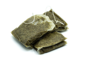 Teebeutel Aufgussbeutel isoliert freigestellt auf weißen Hintergrund, Freisteller