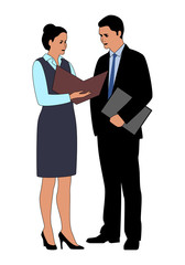 Business people communication icon. Businessman standing beside secretary reads the document. Business colleagues discussing about work at office. Vector illustration.