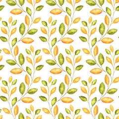 Seamless pattern with watercolor illustrations of autumn branches for textile or packaging design for Thanksgiving Day.