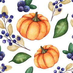 Seamless pattern with watercolor illustrations of autumn leaves, branches, berries, pumpkins