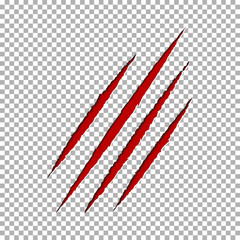 Monster tear claw scratch mark. Llion break paper isolated on transparent background. Red Claws scra