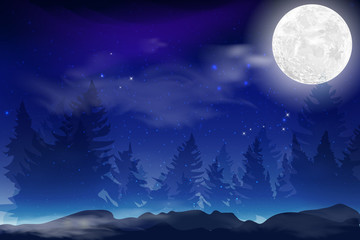 Fototapeta na wymiar Dark blue night background with full month, clouds and stars