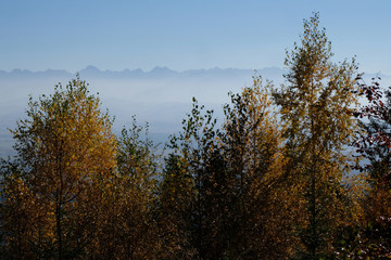 Fototapeta na wymiar Polska, góry Gorce - jesienny widok z okolic Turbacza na zamglone Tatry