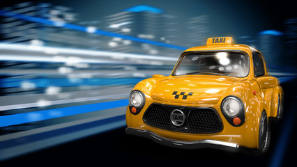 Жёлтое такси едет по трассе ночного города © cubart