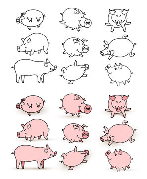 Cute pig set. Vector illustration. Isolated on white background.