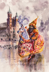 Lajkonik (man and horse) one of the symbols of the Cracow. Mariacki church i background. Picture created with watercolors.