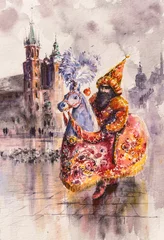 Foto op Plexiglas Lajkonik (man and horse) one of the symbols of the Cracow. Mariacki church i background. Picture created with watercolors. © dannywilde