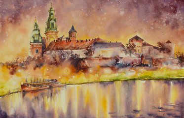 Wawel castle over Vistula river in Krakow,Poland.  Picture created with watercolors.