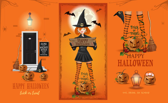 Halloween poster design with young cute witch and jack o lantern. Vector illustration