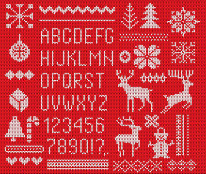 Set of knitted font, elements and borders for Christmas, New Year or winter design. Ugly sweater style. Sweater ornaments for scandinavian pattern. Vector illustration. Isolated on red background.