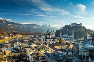 Postcard view on Salzburg city and the Hohensalzburg Fortress Castle in winter