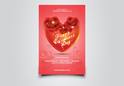 Valentine's Day Party Flyer Layout with Heart and Rose Elements