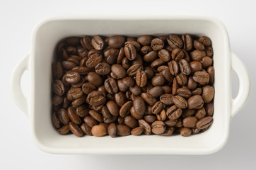Coffee Beans In White Ceramic Bowl, Top View