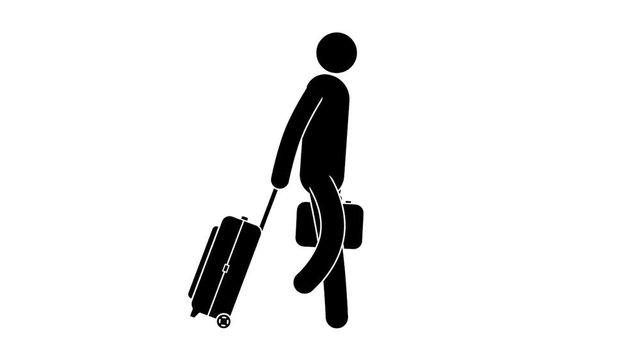 Icon man goes with luggage. Pictogram passenger with a suitcase on wheels and in hand. Looped animation with alpha channel.