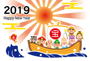 2019　ハッピーニューイヤー　ご来光　七福神の宝船　テンプレート