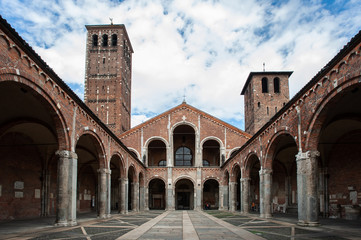 Fototapeta na wymiar Basilica di Sant'Ambrogio, Milan, Italy. One of the most ancient churches in Milan, it was built by St Ambrose in 379-386, in an area where numerous martyrs of the Roman persecutions had been buried