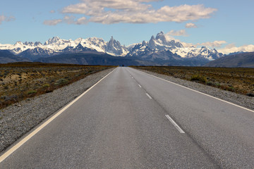 Fototapeta na wymiar Cerro Torre & Fitz Roy from Route 23, El Chalten, Argentina