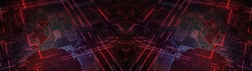 Digital electronic circuit board. Abstract ultra wide structure of many glowing lines and geometric elements. Creative technology concept. Luminous and metal elements on black background. 3d rendering