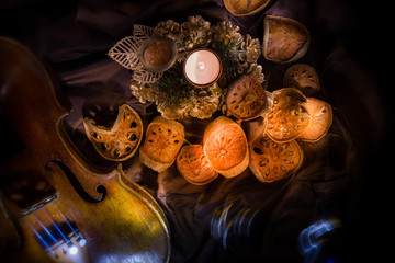 composition with an old violin in dark colors