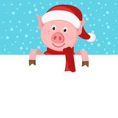 A pig in a scarf and hat Peeps out from behind a white sheet.