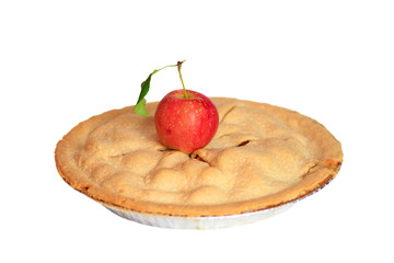Delicious baked apple pie displayed with fresh crab apples isolated on a white background