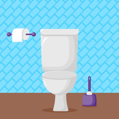 Vector Illustration. White ceramics toilet, toilet paper and toilet brush. modern toilet set in flat style with place for text