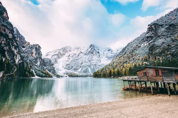 Deurstickers Great alpine lake Braies. Location place Dolomiti, national park Fanes-Sennes-Braies, Italy. © Leonid Tit
