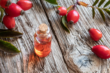 A bottle of rose hip seed oil with fresh rose hips