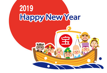 2019　ハッピーニューイヤー　七福神の宝船　テンプレート
