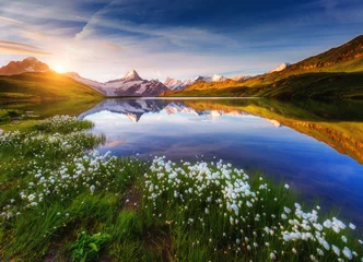 Tuinposter Great view of Mt. Schreckhorn and Wetterhorn above Bachalpsee lake. Location place Swiss alps, Grindelwald valley © Leonid Tit