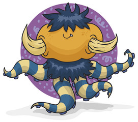 Happy Child Mutant with Tentacles Dancing with Big Tusks, Vector Illustration