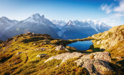 Views of the Mont Blanc glacier with Lac Blanc. Location Nature Reserve Aiguilles Rouges.