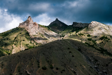 Vivid alpine hills in the morning light. Location place Crimea.