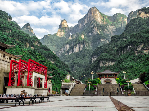 The Tianmen Mountain with a view of the cave Known as The Heaven's Gate and the steep 999 stairs at Zhangjiagie, Hunan Province, China, Asia