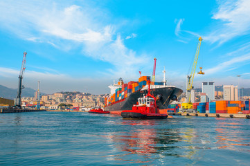 International Container Cargo ship in the port of genoa - Industrial port of genoa , italy