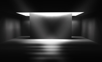 Background of empty dark room with concrete floor. Empty walls, neon light, smoke.