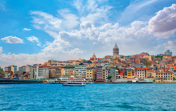 Galata Tower, Galata Bridge, Karakoy district and Golden Horn at morning, istanbul - Turkey