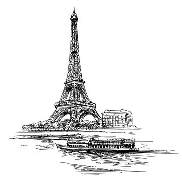 Eiffel tower. Paris, France. Hand drawn illustration.