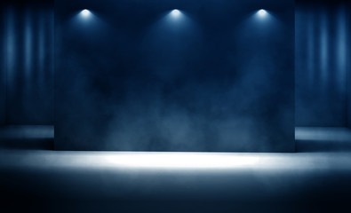 Background of empty dark room with concrete floor. Empty walls, neon light, smoke.