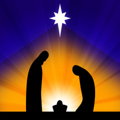 Escena de Navidad. El Niño Jesús con la Virgen María y José en el pesebre de Belén. Siluetas.