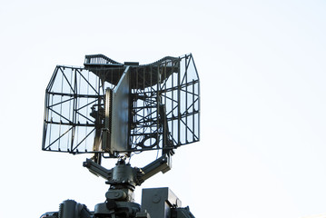 Air defense radar of military mobile mighty rocket launcher system on sky backgroud