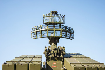 Air defense radar of military mobile mighty rocket launcher system on sky backgroud