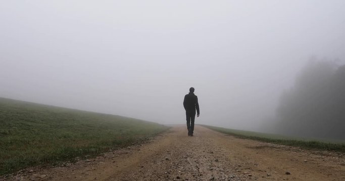 Back view of a person walks on foggy countryside road.