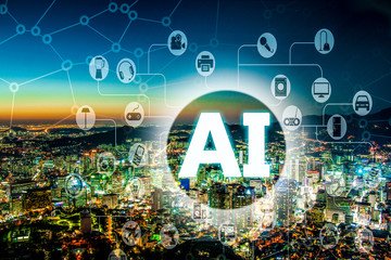 AI or Artificial Intelligence concept and a dusk city view of a futuristic o night view for a modern city.