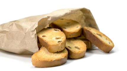 crackers with raisins on a white background